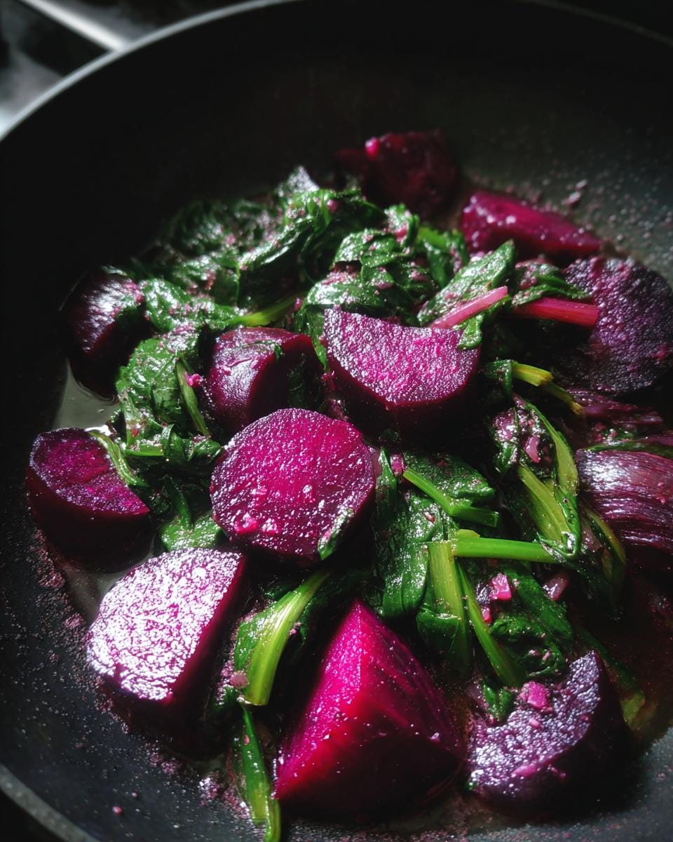 Nahaufnahme von Rote-Bete-Spinat-Curry in einer Pfanne, mit leuchtend roter Bete und grünem Spinat.