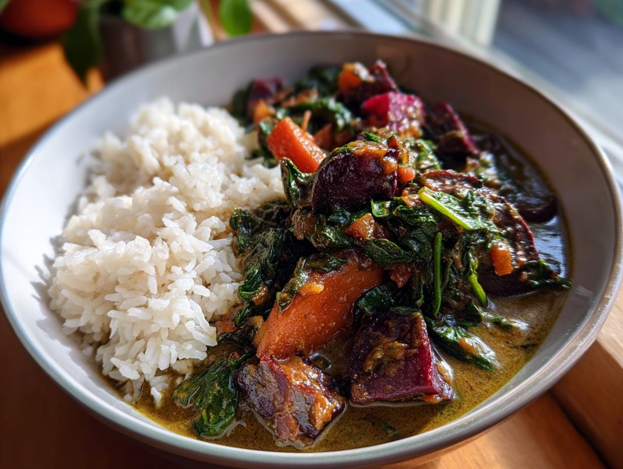 A bowl of Rote-Bete-Spinat-Curry served with white rice, showcasing the vibrant colors of the dish.
