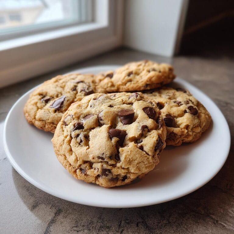 Delicious Schokoladenkekse mit Schokostückchen (chocolate chip cookies) on a white plate near a window.