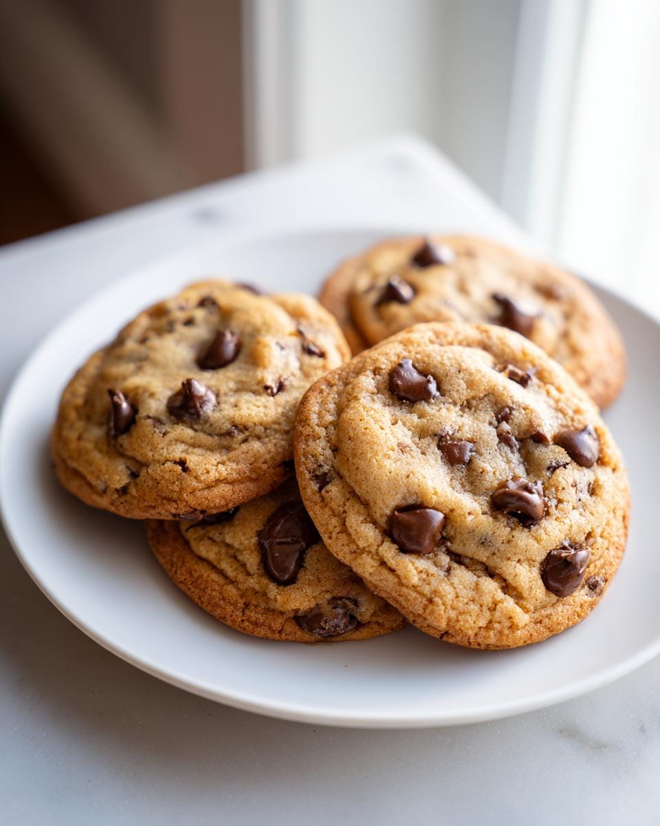 Four Schokoladenkekse mit Schokostückchen (chocolate chip cookies) are stacked on a white plate.