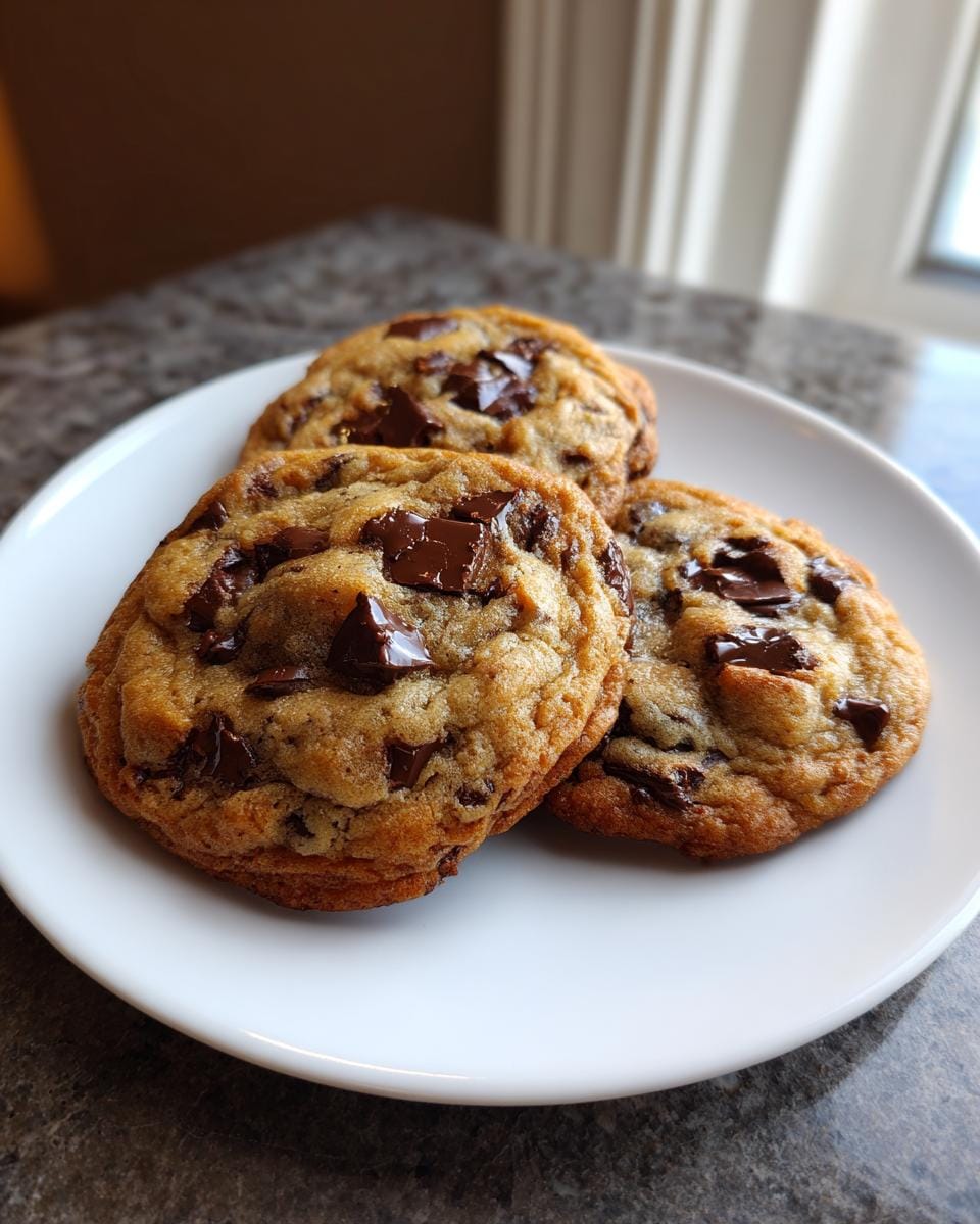 Three Schokoladenkekse mit Schokostückchen (chocolate chip cookies) on a white plate, ready to eat.
