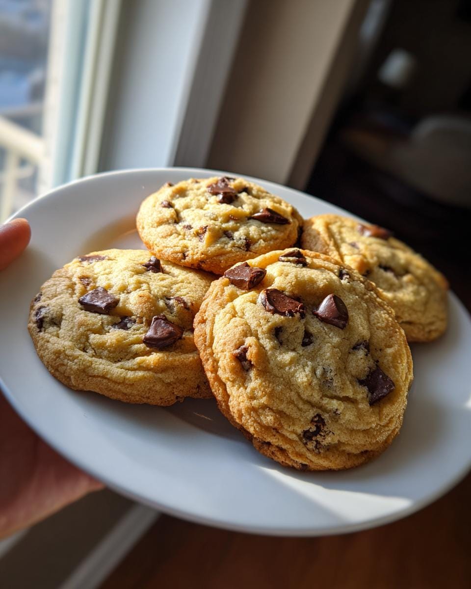 Close-up of Schokoladenkekse mit Schokostückchen (chocolate chip cookies) on a white plate, ready to eat.