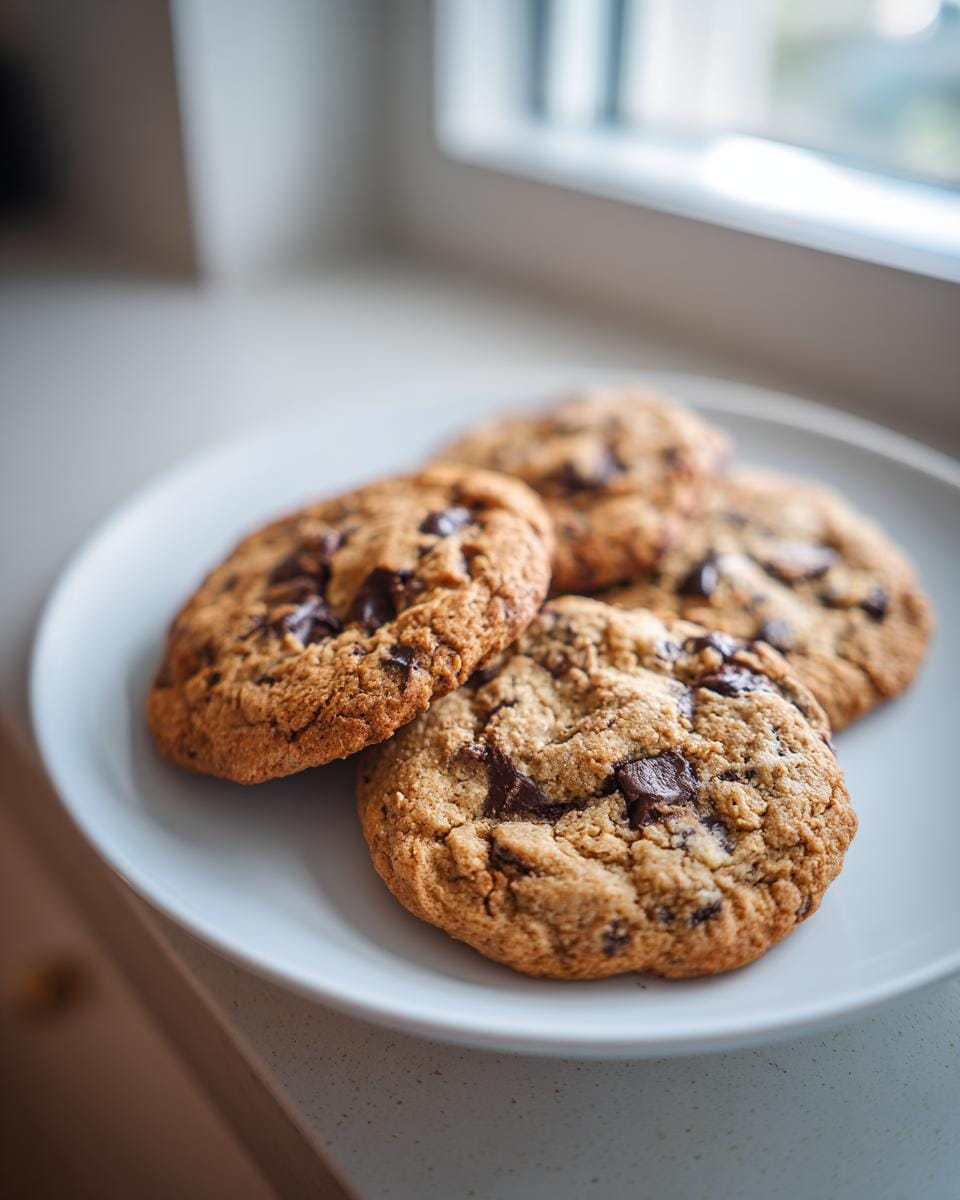 Close-up of Schokoladenkekse mit Schokostückchen (chocolate chip cookies) on a white plate, near a window.