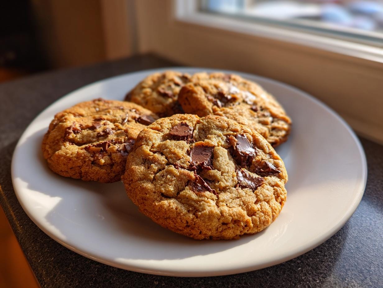 Four Schokoladenkekse mit Schokostückchen (chocolate chip cookies) arranged on a white plate, lit by natural light.