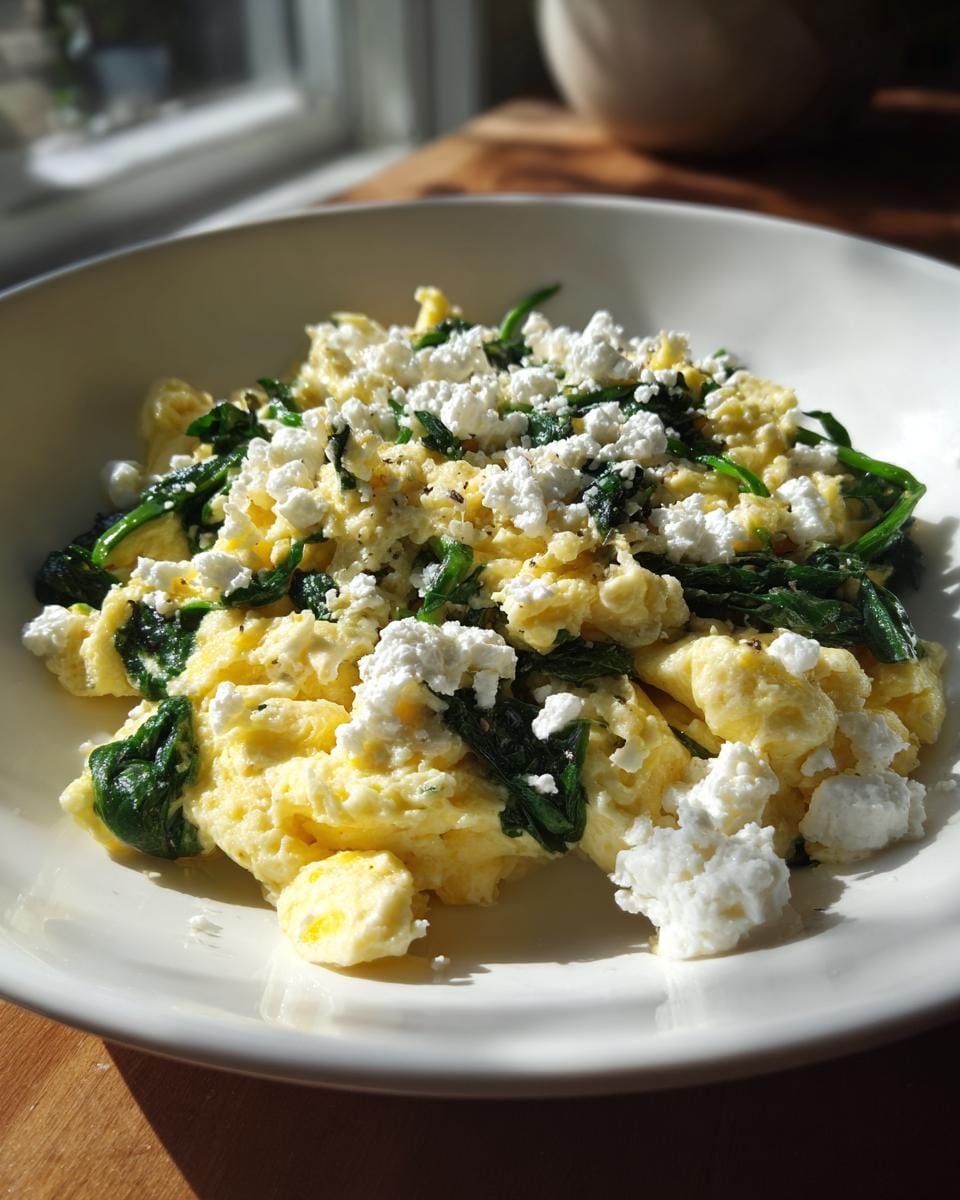 A plate of scrambled eggs with spinach and feta cheese, a delicious Protein-Frühstücksrezepte.