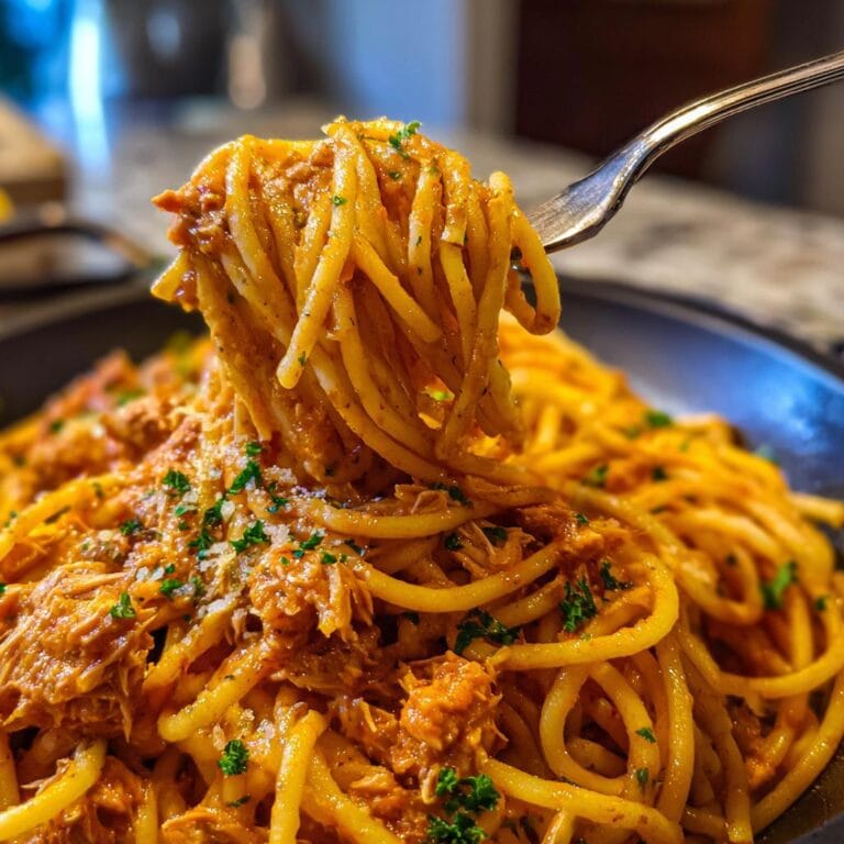 Fork lifting Spaghetti mit Thunfisch und Tomaten-Sahne, showing the creamy tomato sauce and tuna.