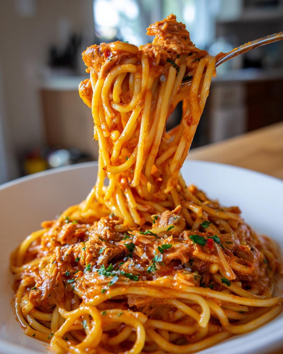 Close-up of Spaghetti mit Thunfisch und Tomaten-Sahne on a fork, lifted from a bowl.