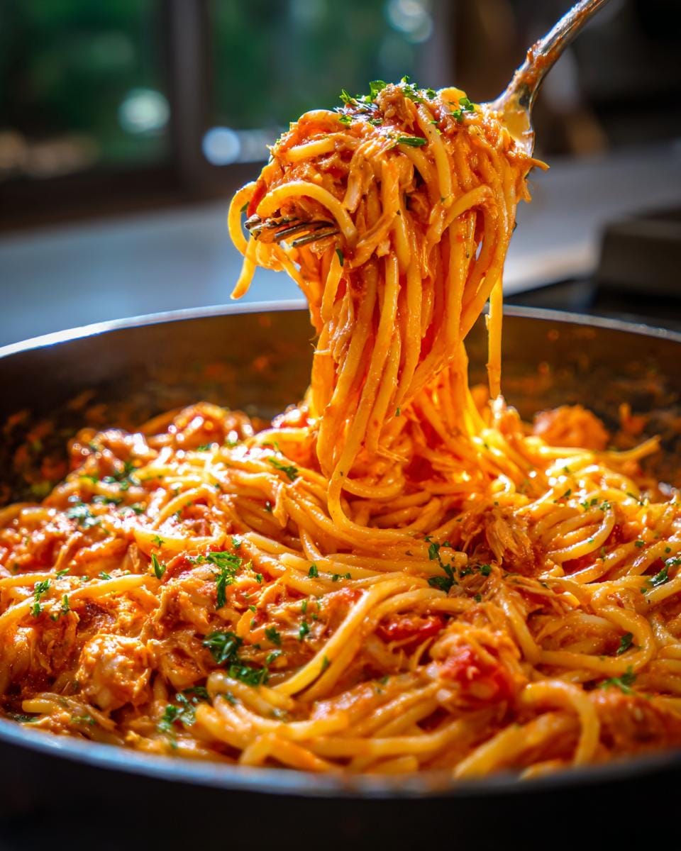 Close-up of Spaghetti mit Thunfisch und Tomaten-Sahne being lifted with a fork from a pan.