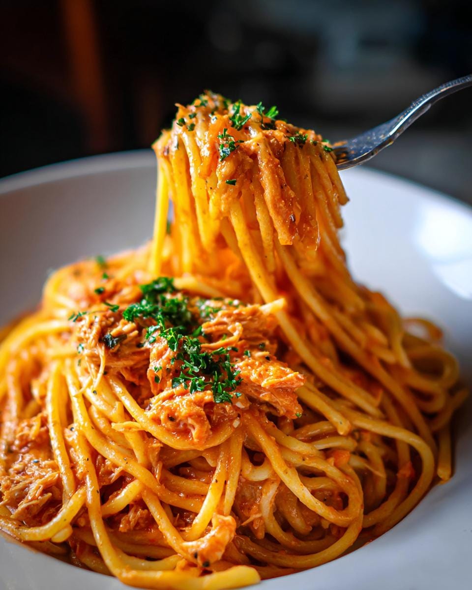 Close-up of Spaghetti mit Thunfisch und Tomaten-Sahne on a fork, garnished with parsley.