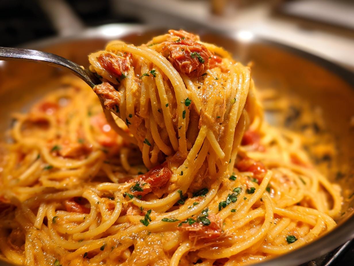 Close-up of Spaghetti mit Thunfisch und Tomaten-Sahne being lifted with a fork, showing the creamy sauce and tuna.