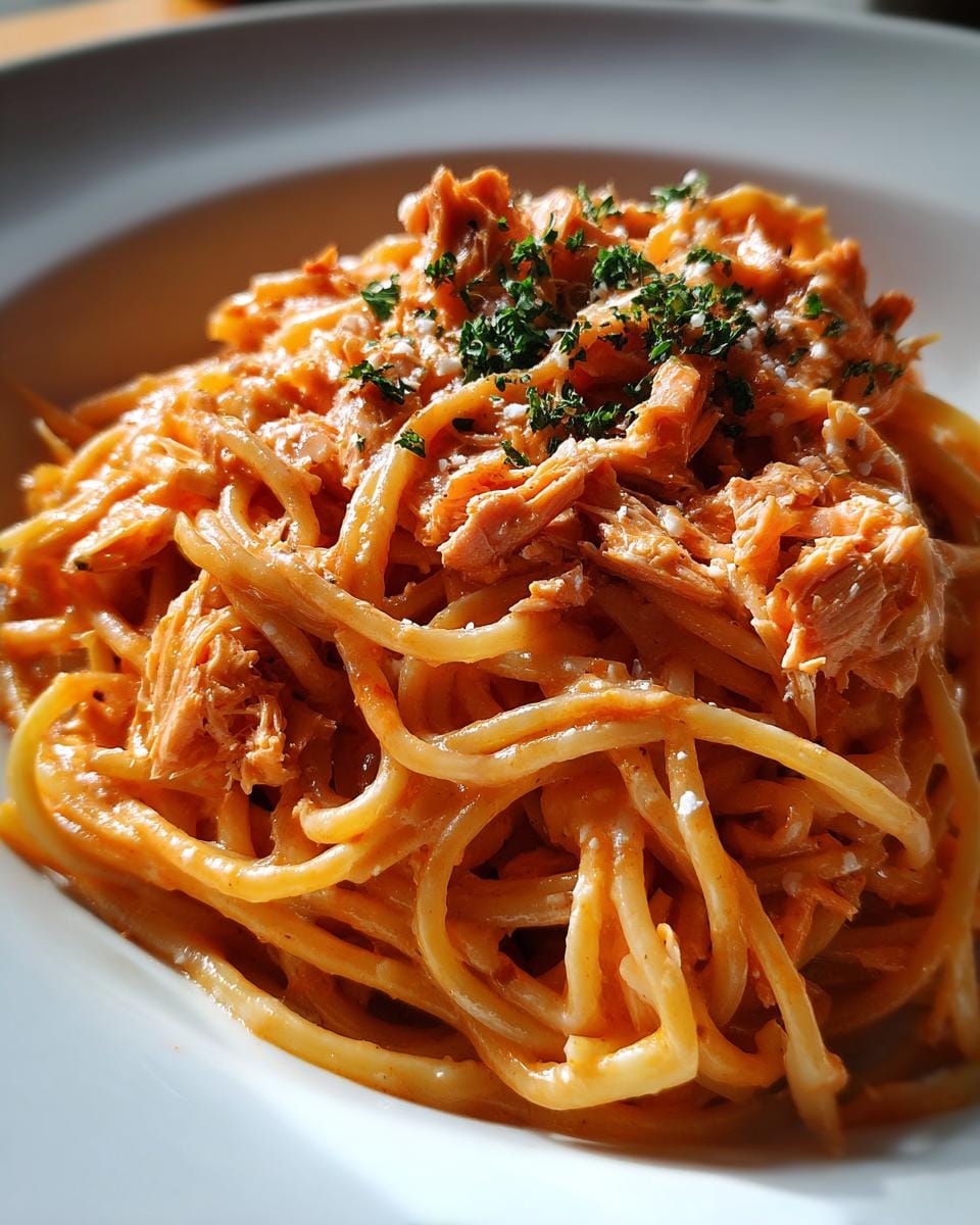 Close-up of Spaghetti mit Thunfisch und Tomaten-Sahne, garnished with parsley on a white plate.
