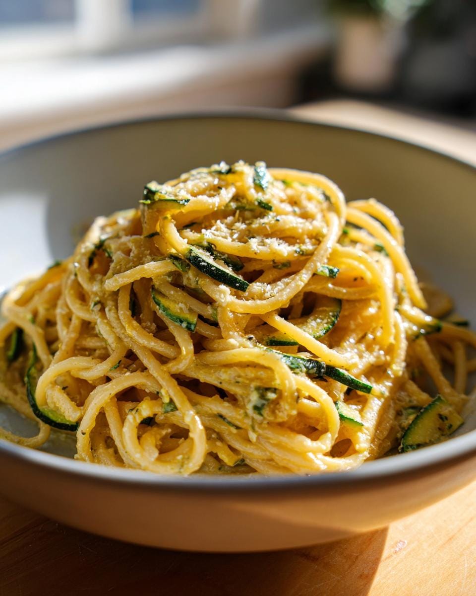 Close-up of Spaghetti mit Zucchini-Sahne-Sauce in a bowl, topped with grated cheese.