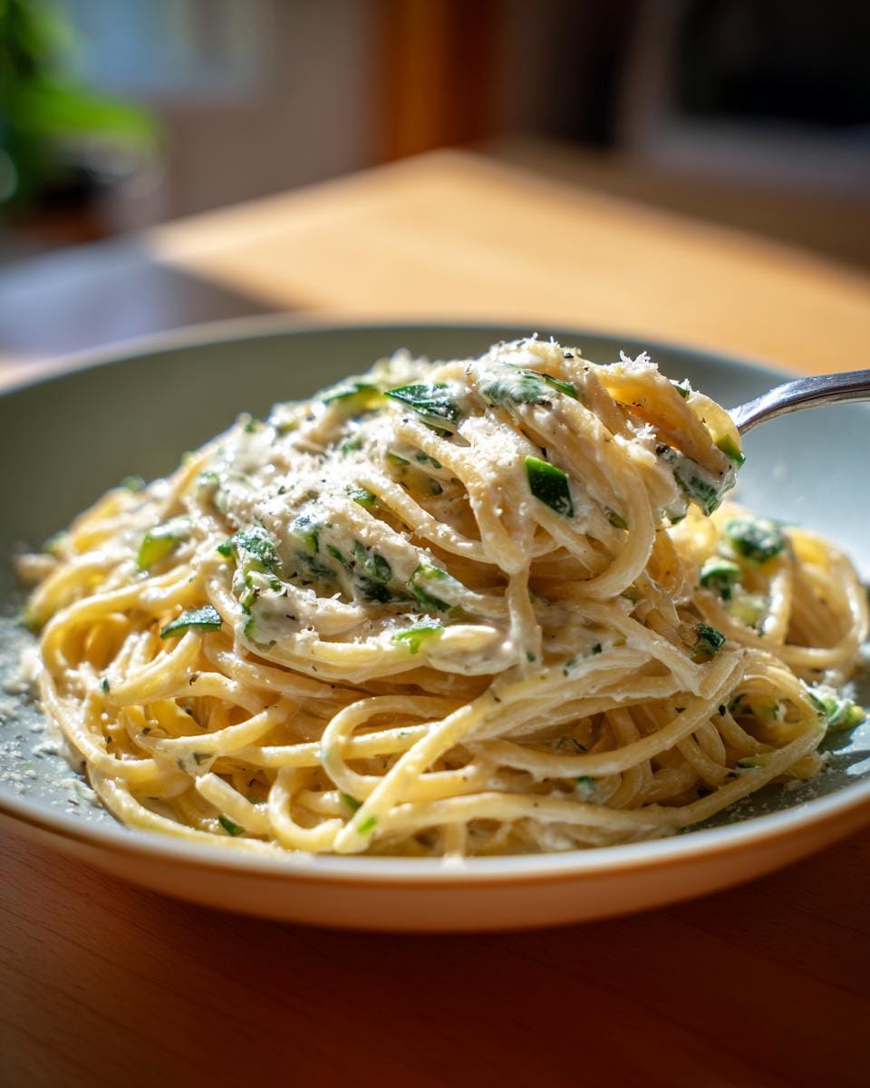 Close-up of Spaghetti mit Zucchini-Sahne-Sauce on a fork, showcasing the creamy sauce and zucchini.