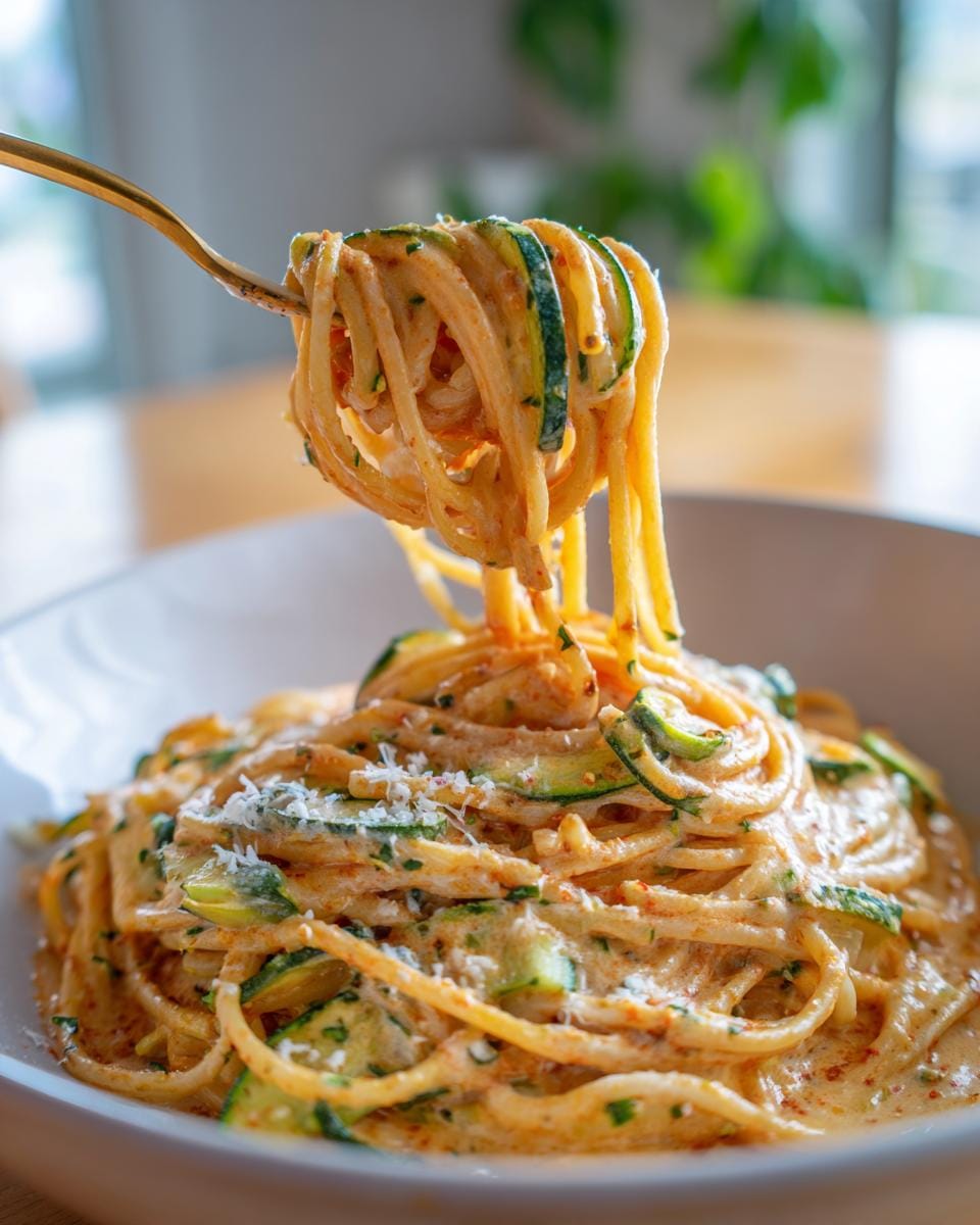 Close-up of Spaghetti mit Zucchini-Sahne-Sauce being lifted with a fork, showcasing the creamy sauce and zucchini.