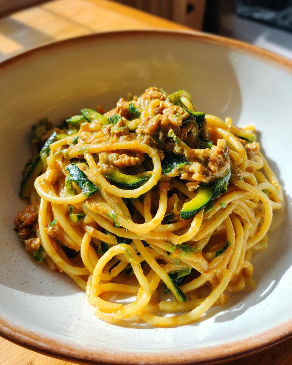 Nahaufnahme von Spaghetti mit Zucchini-Sahne-Sauce in einer Schale, fertig zum Servieren.