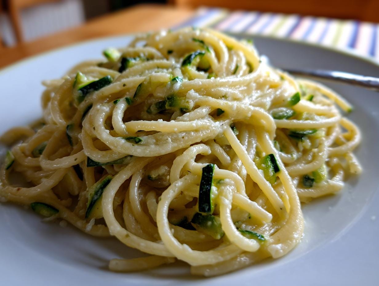 Close-up of Spaghetti mit Zucchini-Sahne-Sauce on a white plate, showcasing the creamy sauce and zucchini pieces.