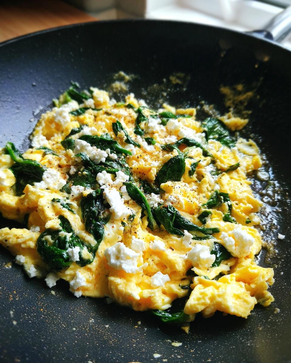 Scrambled eggs with spinach and feta cheese, a delicious high-protein Frühstücksrezepte.