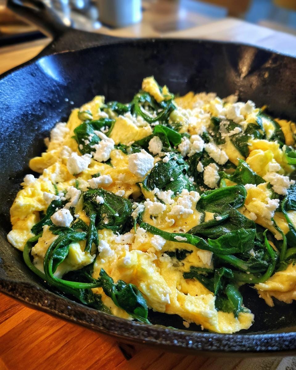 Protein-Frühstücksrezepte: Scrambled eggs with spinach and feta cheese in a cast iron skillet.