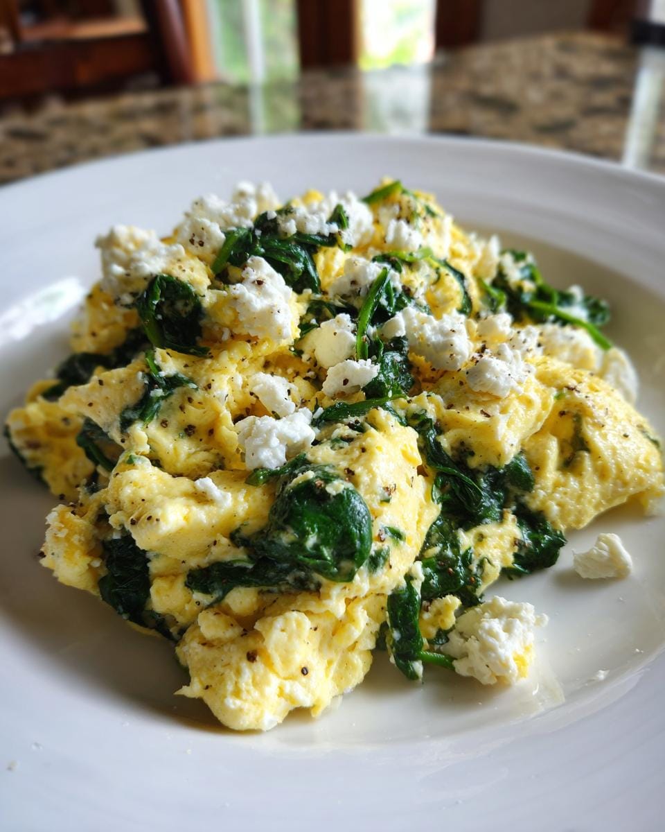 Scrambled eggs with spinach and feta, a delicious Protein-Frühstücksrezepte.