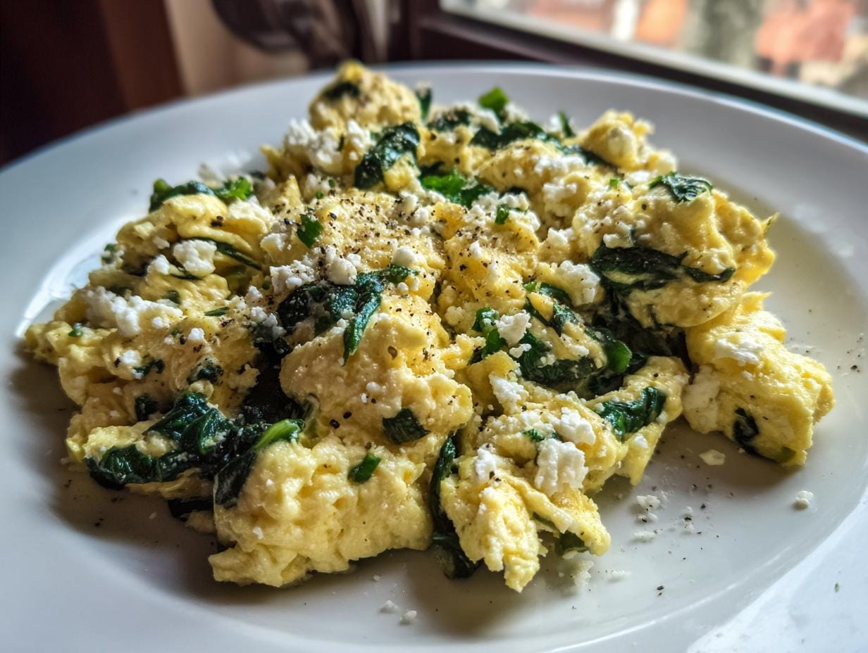 Scrambled eggs with spinach and feta, a delicious Protein-Frühstücksrezepte option.