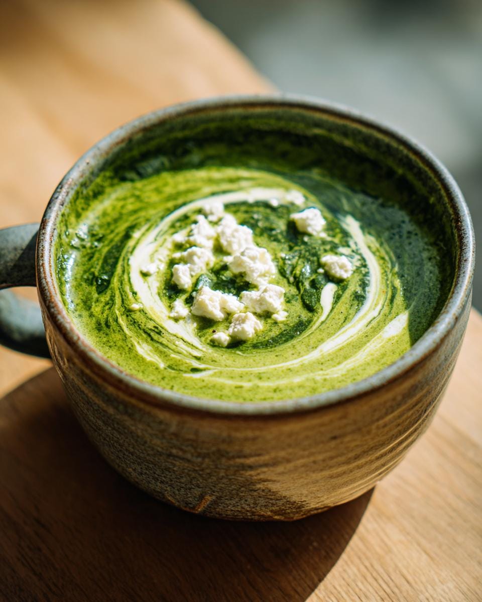 Close-up of Spinat-Feta-Suppe in a bowl, garnished with feta and cream swirls. A vibrant and delicious soup.