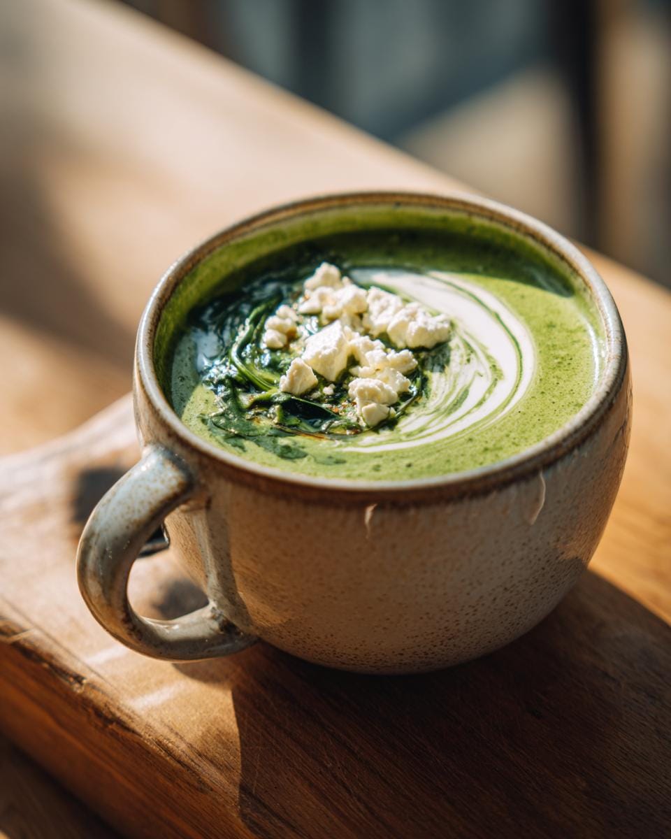 Close-up of a bowl of Spinat-Feta-Suppe, garnished with feta cheese and a swirl of cream.