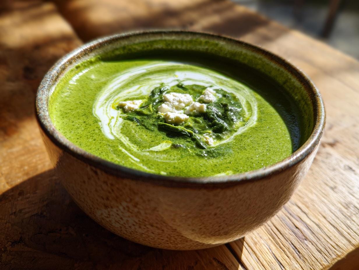 Bowl of creamy Spinat-Feta-Suppe topped with feta and cream on a wooden surface.