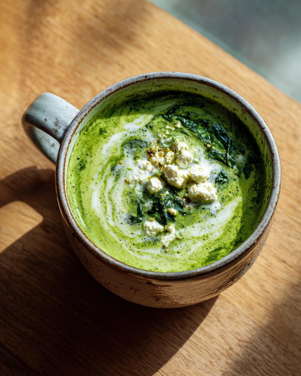 Overhead shot of Spinat-Feta-Suppe in a mug, topped with feta and a swirl of cream.
