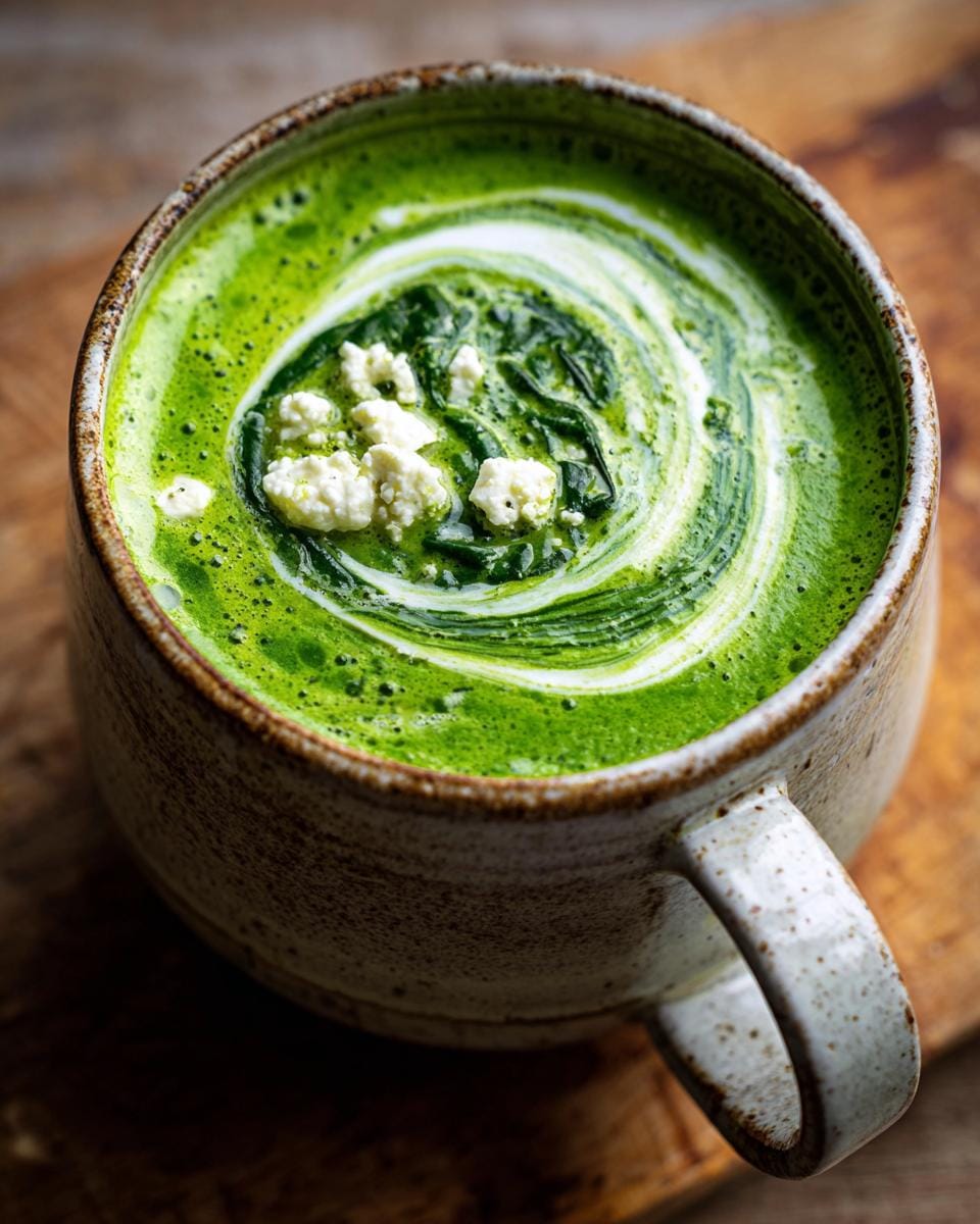 Close-up of Spinat-Feta-Suppe in a ceramic mug, swirled with cream and topped with feta crumbles.