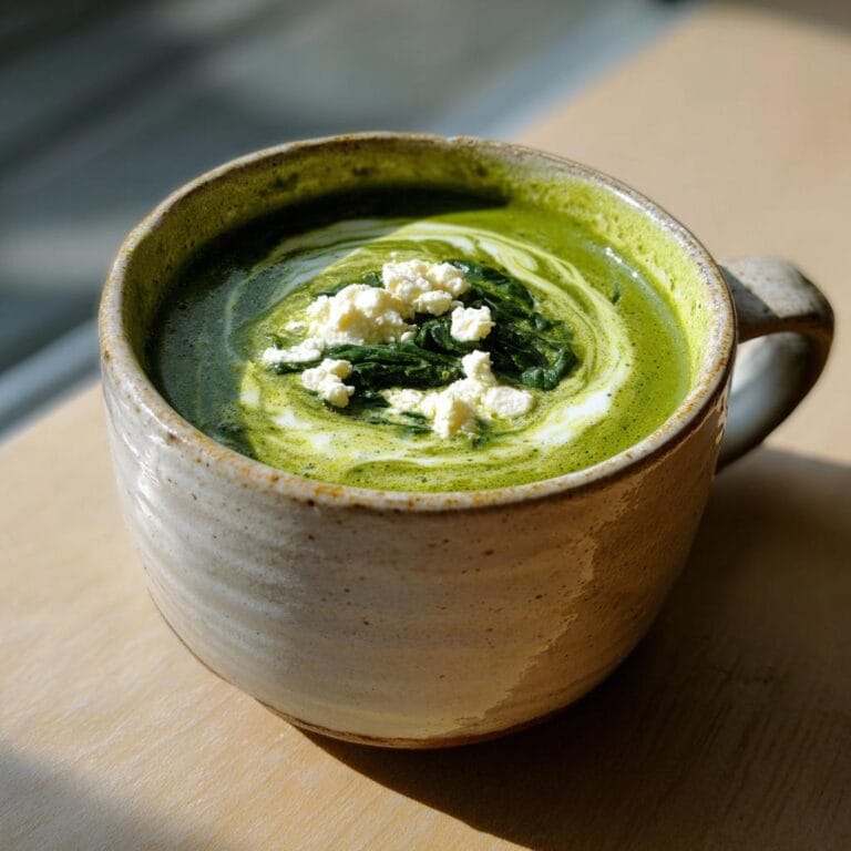 Close-up of a creamy Spinat-Feta-Suppe in a rustic mug, topped with feta cheese and spinach.