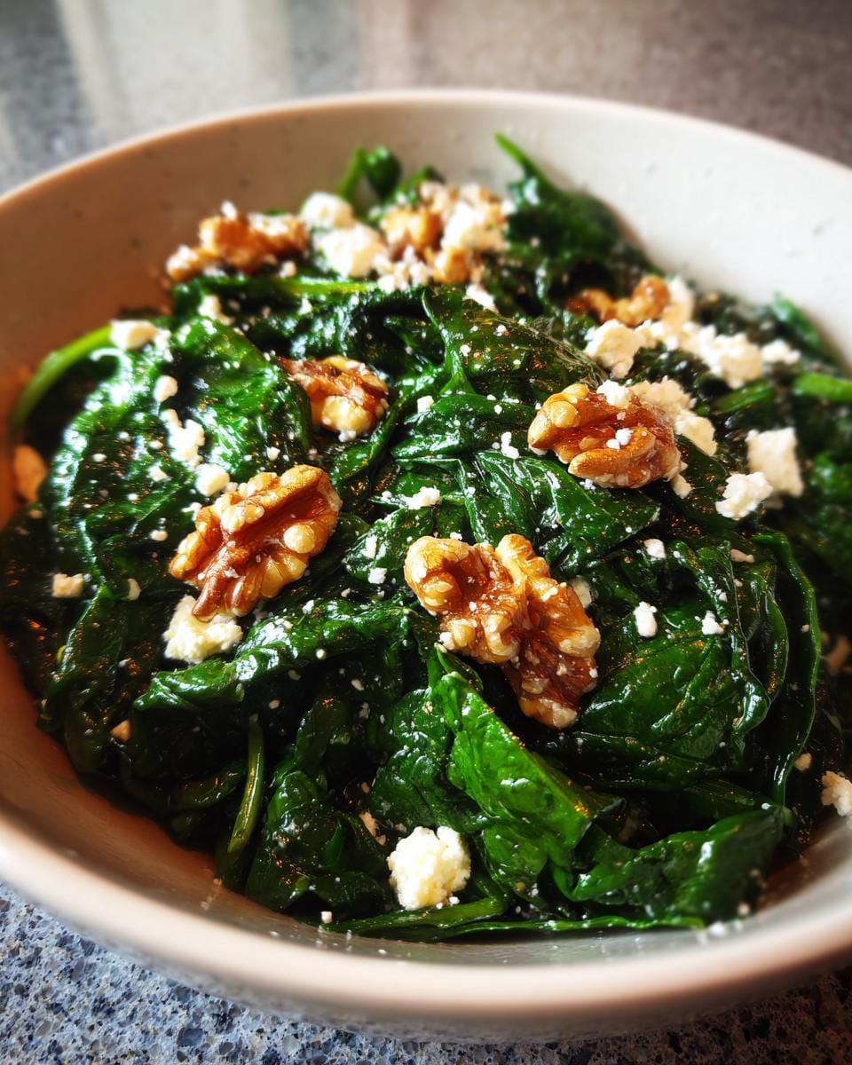 Bowl of Spinatsalat mit Feta & Walnüssen. Fresh spinach salad with feta cheese and walnuts.