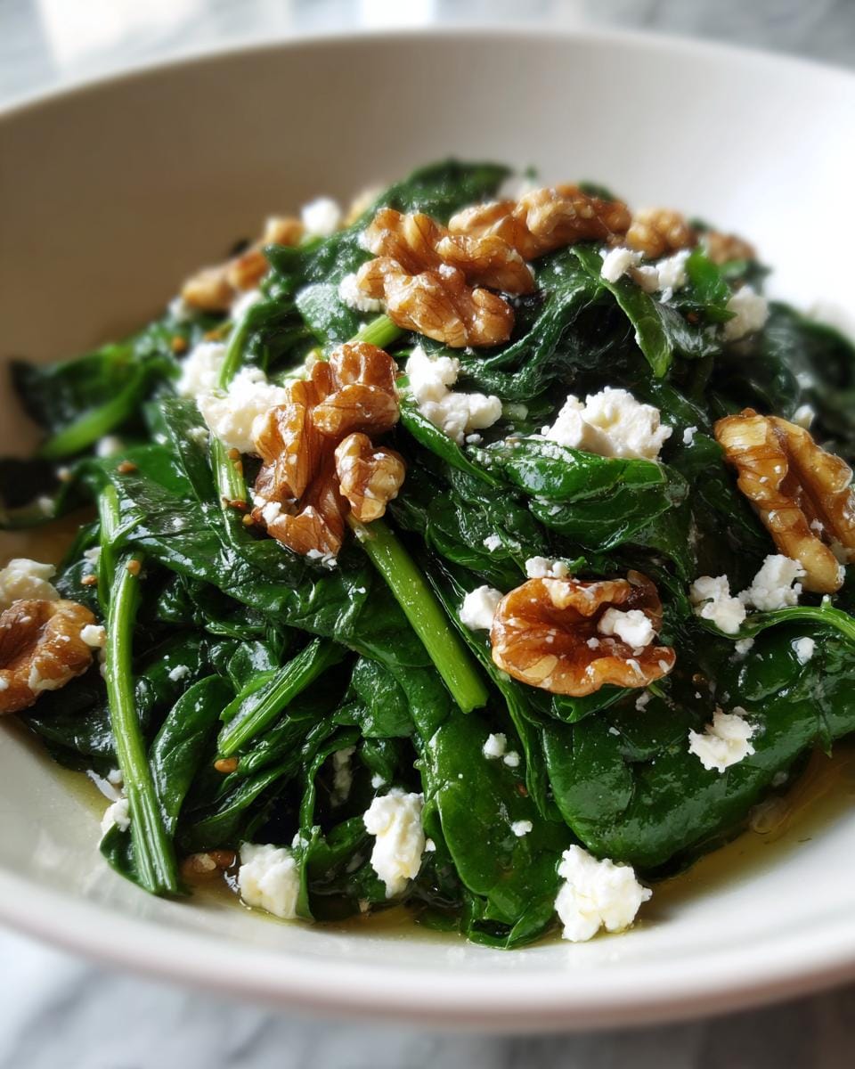 Close-up of Spinatsalat mit Feta & Walnüssen: spinach salad with feta cheese and walnuts.