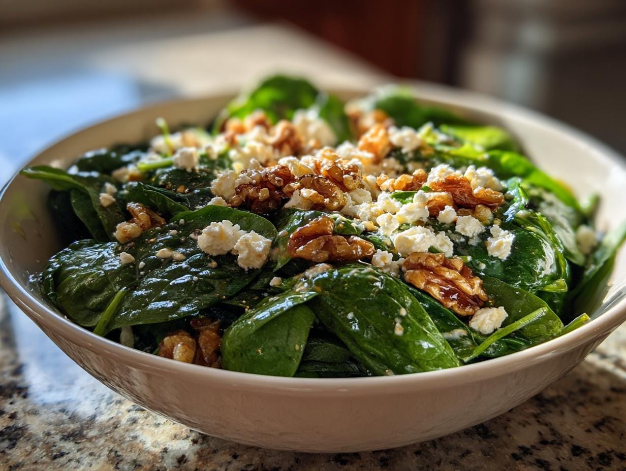 A bowl of Spinatsalat mit Feta & Walnüssen, featuring fresh spinach, crumbled feta cheese, and walnuts.