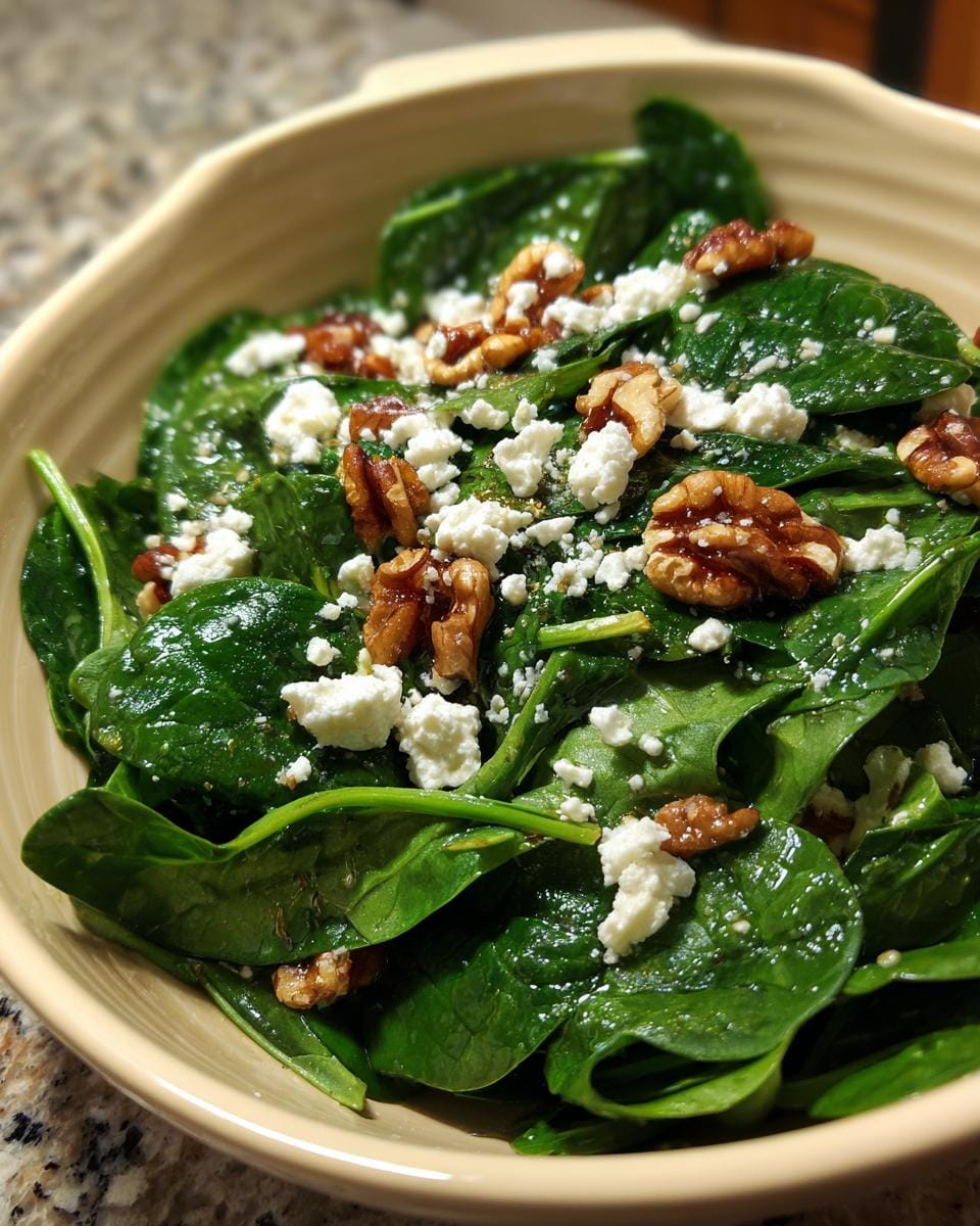 Nahaufnahme eines Spinatsalat mit Feta & Walnüssen in einer Schüssel, bereit zum Servieren.