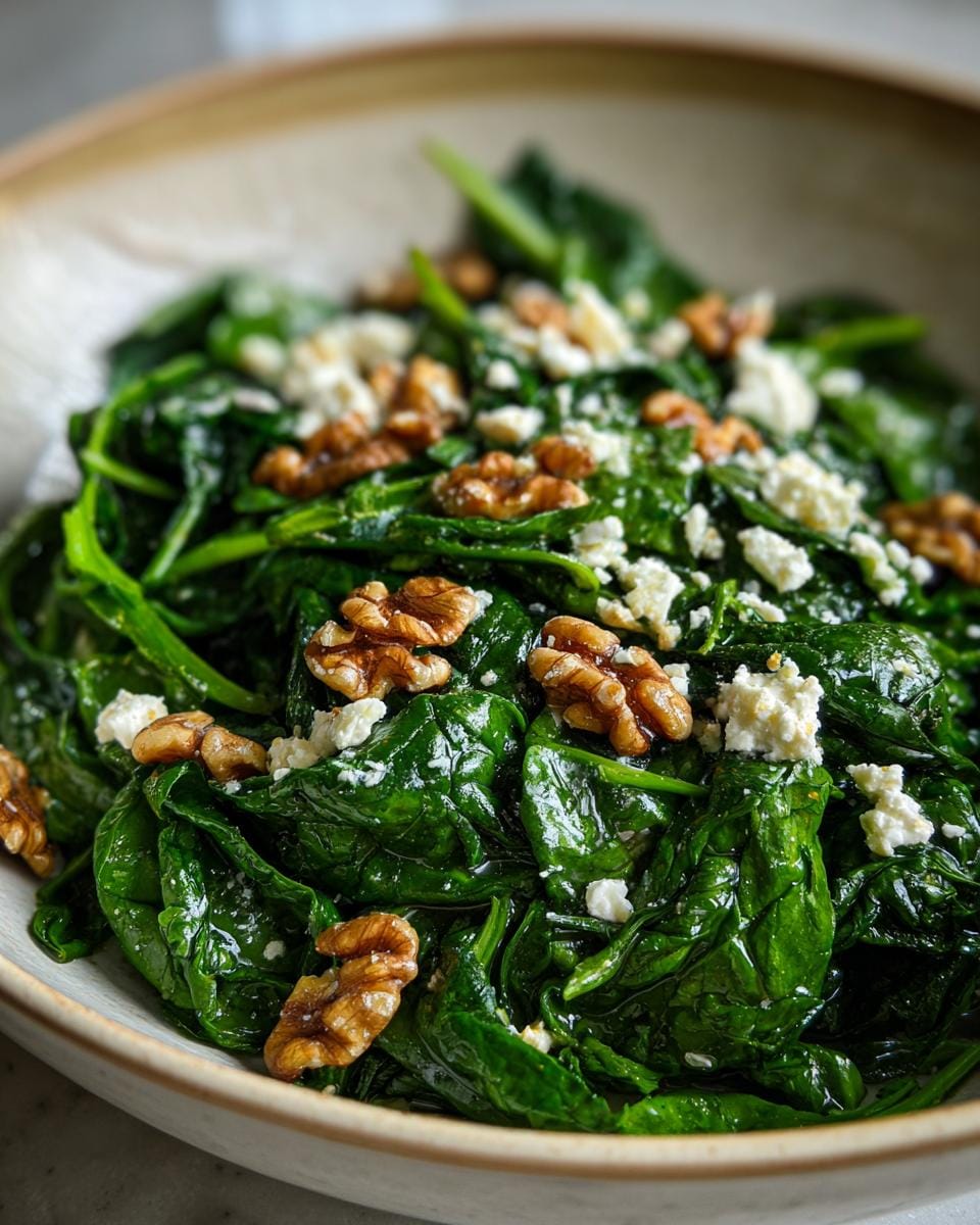 Close-up of Spinatsalat mit Feta & Walnüssen in einer Schüssel, angerichtet und servierfertig.