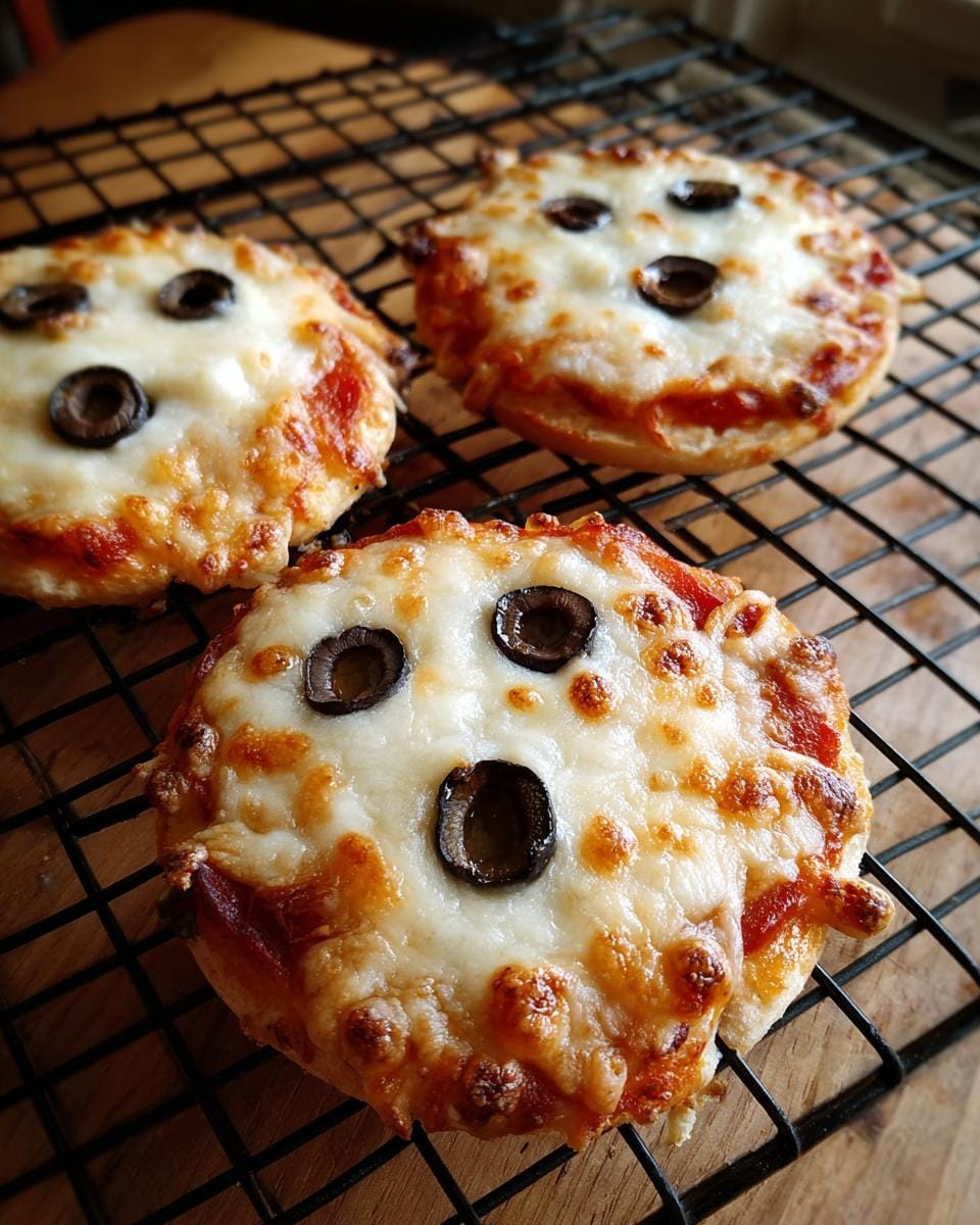 Three Süße Mini-Geister-Pizzen Halloween on a black cooling rack, topped with cheese and olive eyes.