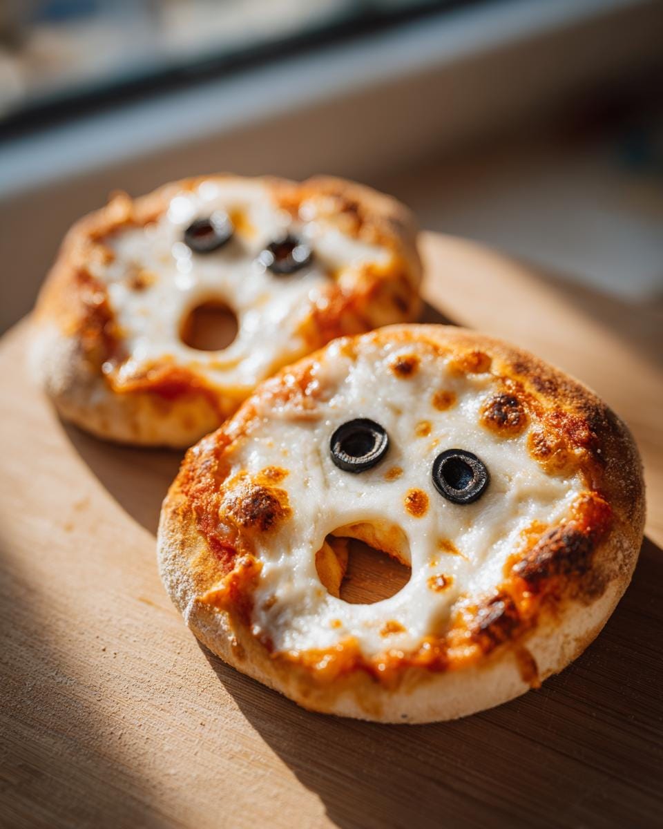 Two Süße Mini-Geister-Pizzen Halloween with cheese and olive eyes on a wooden board.