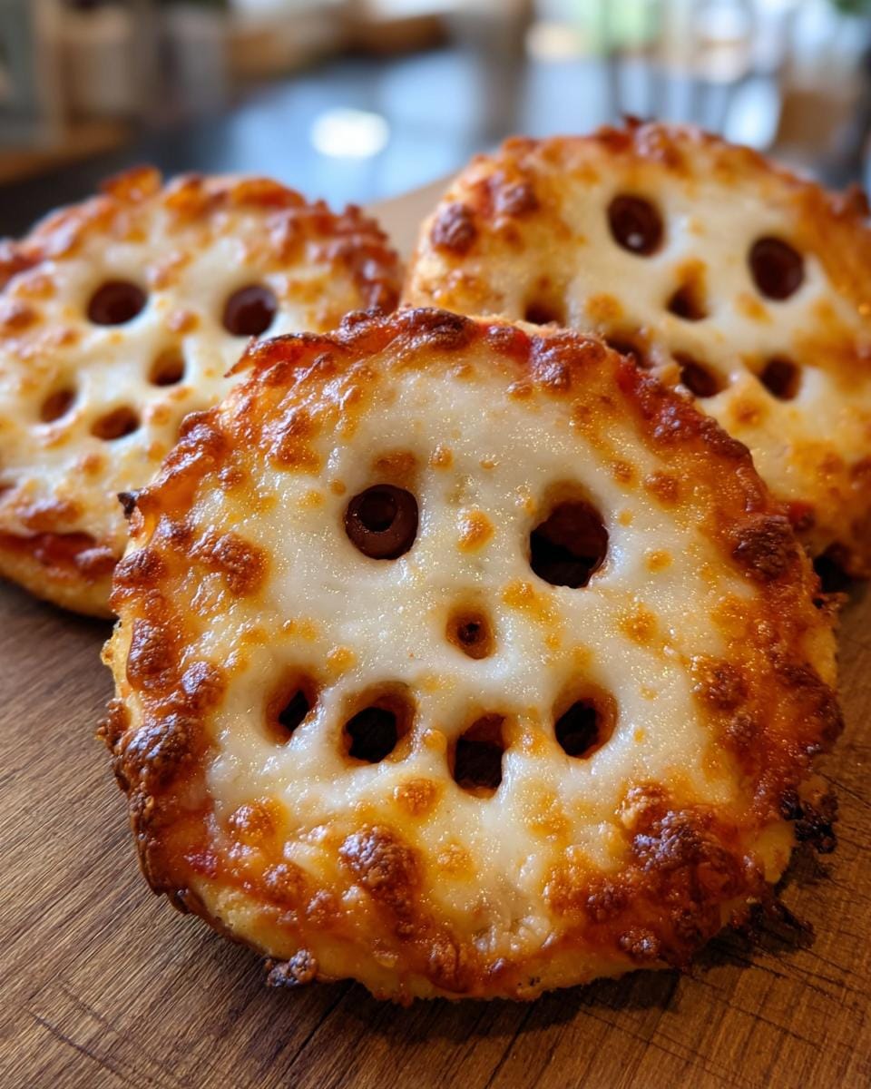 Close-up of Süße Mini-Geister-Pizzen Halloween, featuring ghost-shaped pizzas with olive eyes on a wooden board.