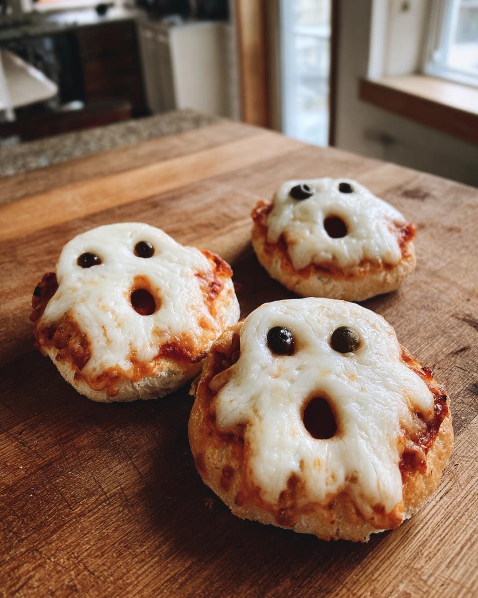 Three Süße Mini-Geister-Pizzen Halloween, ghost-shaped pizzas with cheese and olive eyes, on a wooden board.