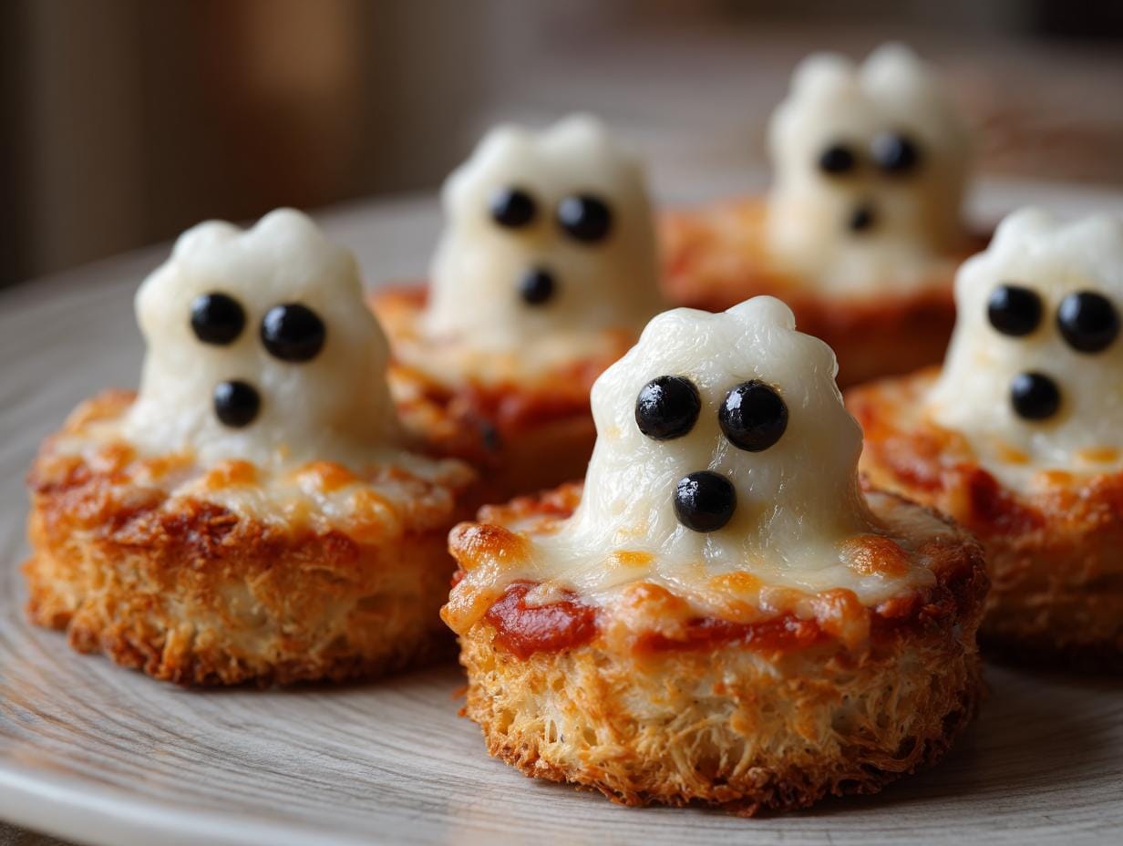Close-up of Süße Mini-Geister-Pizzen Halloween, featuring ghost-shaped mozzarella and olive eyes on mini pizzas.