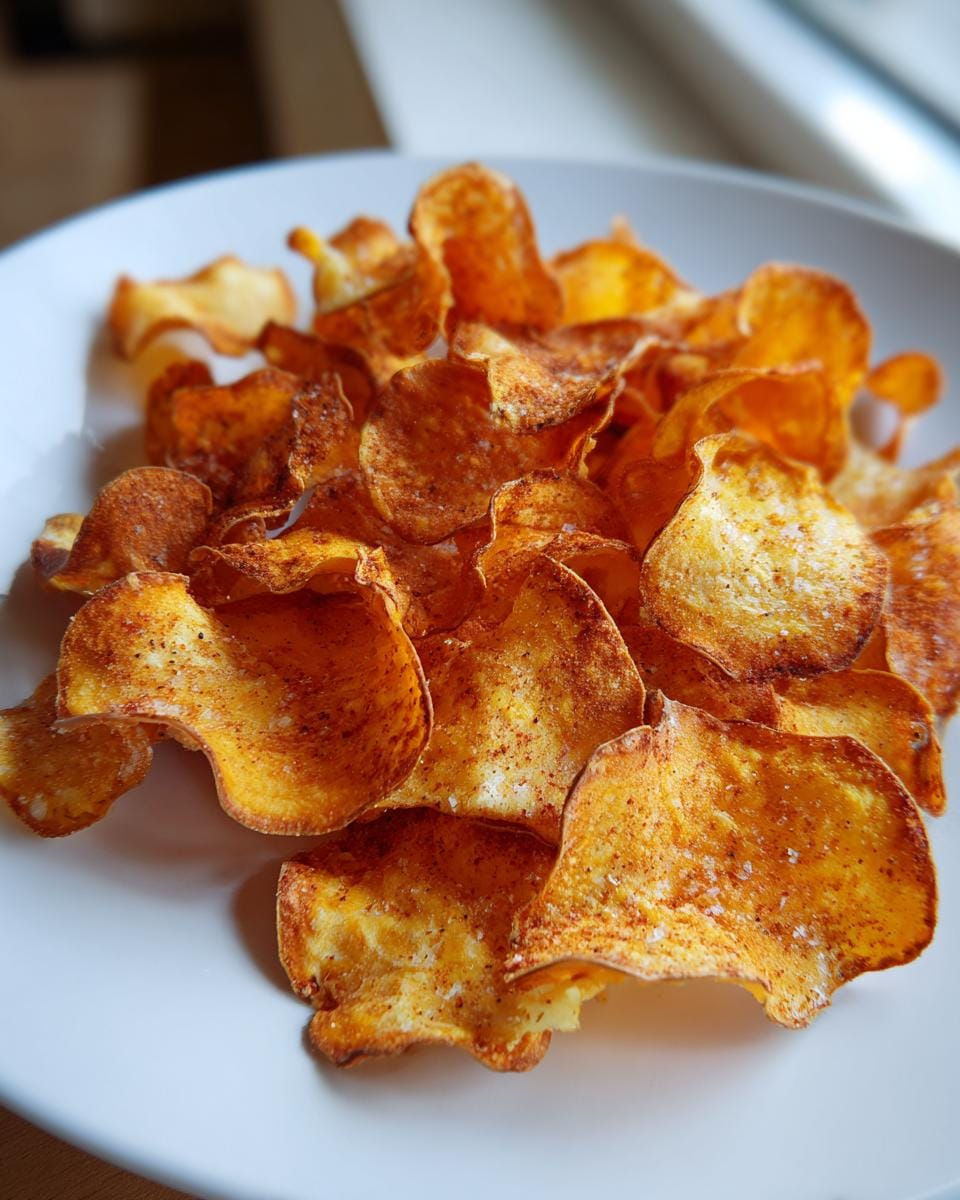 Close-up of homemade Süßkartoffel-Chips gebacken on a white plate, seasoned and ready to eat.
