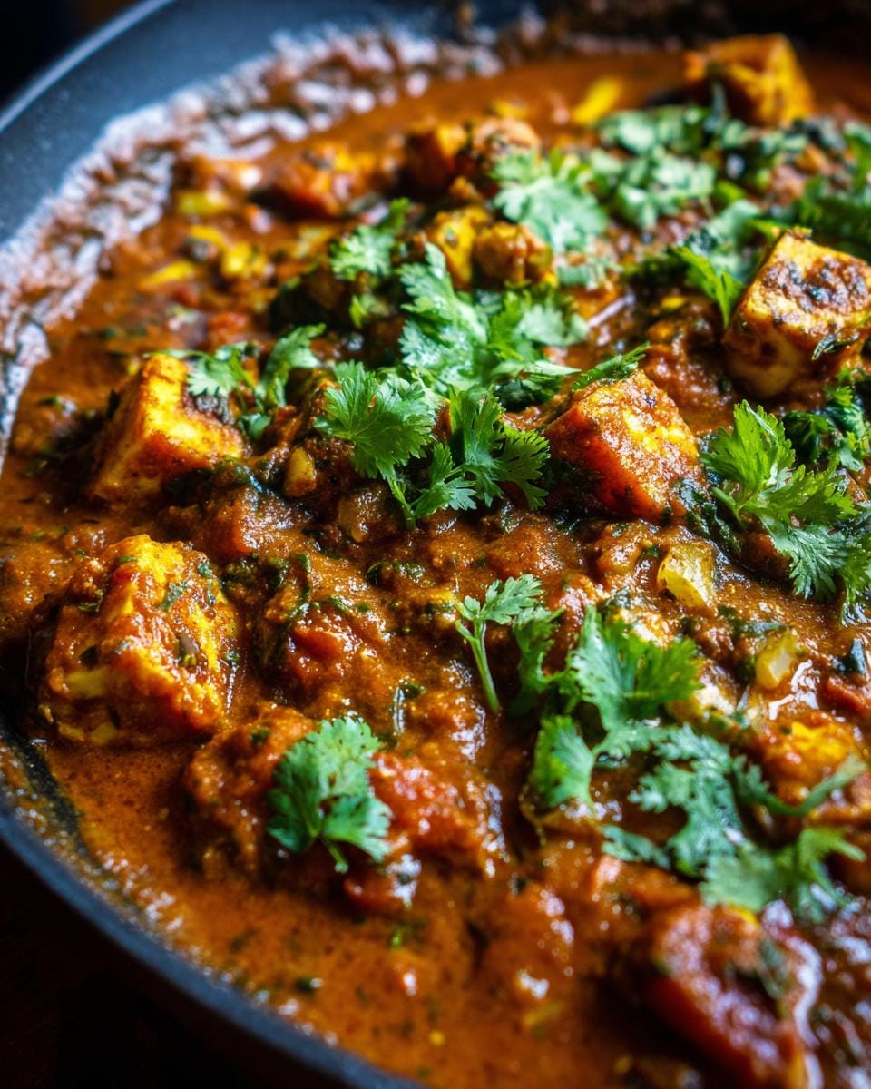 Close-up of Süßkartoffel-Kokos-Curry in a pan, garnished with fresh cilantro. Creamy and flavorful.