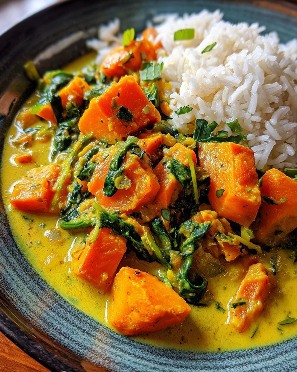 Nahaufnahme von Süßkartoffel-Kokos-Curry mit Reis, garniert mit Kräutern.