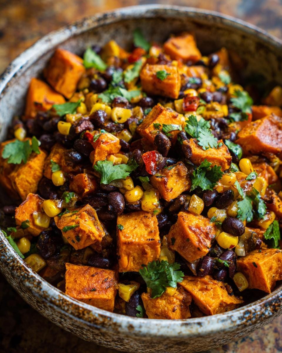 Close-up of a Süßkartoffel-Taco-Bowls featuring sweet potatoes, black beans, corn, and cilantro.