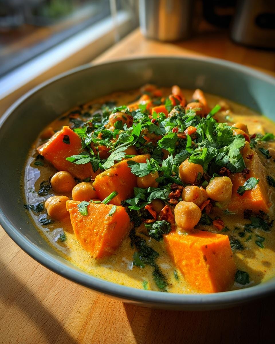 Bowl of Süßkartoffel-Würfel mit Kichererbsen und Curry, garnished with fresh parsley.
