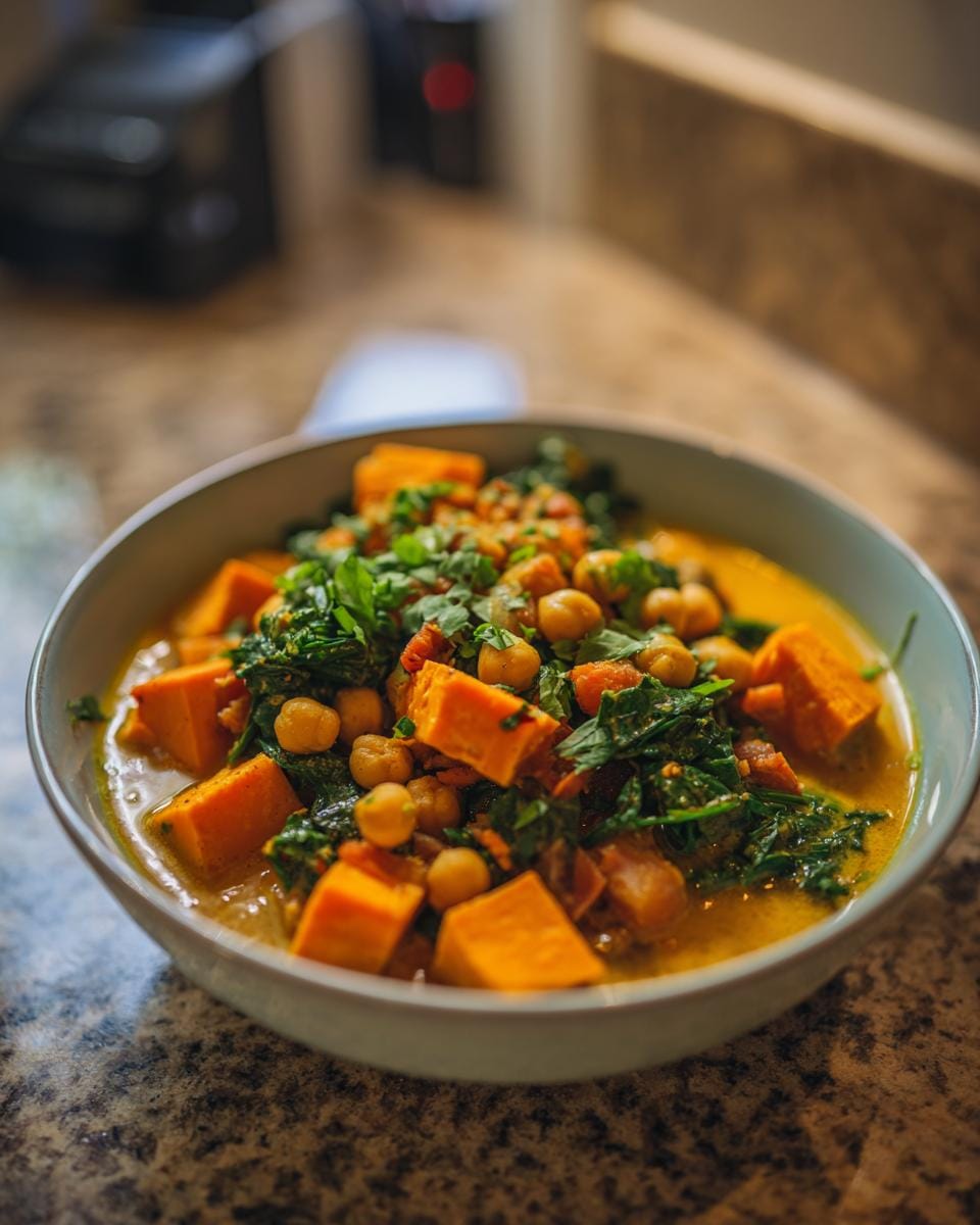 Bowl of Süßkartoffel-Würfel mit Kichererbsen und Curry, garnished with fresh herbs.