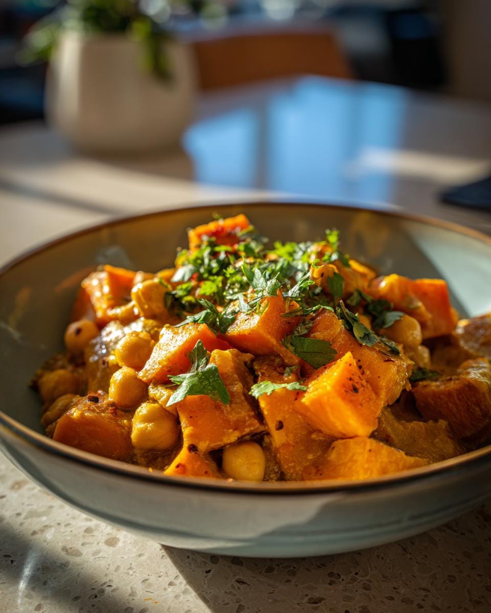 Close-up of Süßkartoffel-Würfel mit Kichererbsen und Curry in a bowl, garnished with fresh herbs.