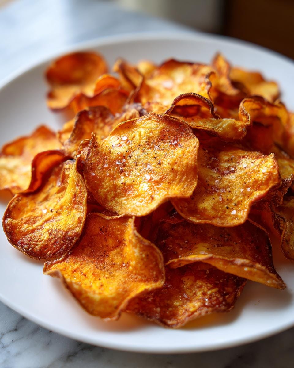 Close-up of a pile of crispy Süßkartoffel-Chips gebacken, seasoned with salt and pepper, on a white plate.