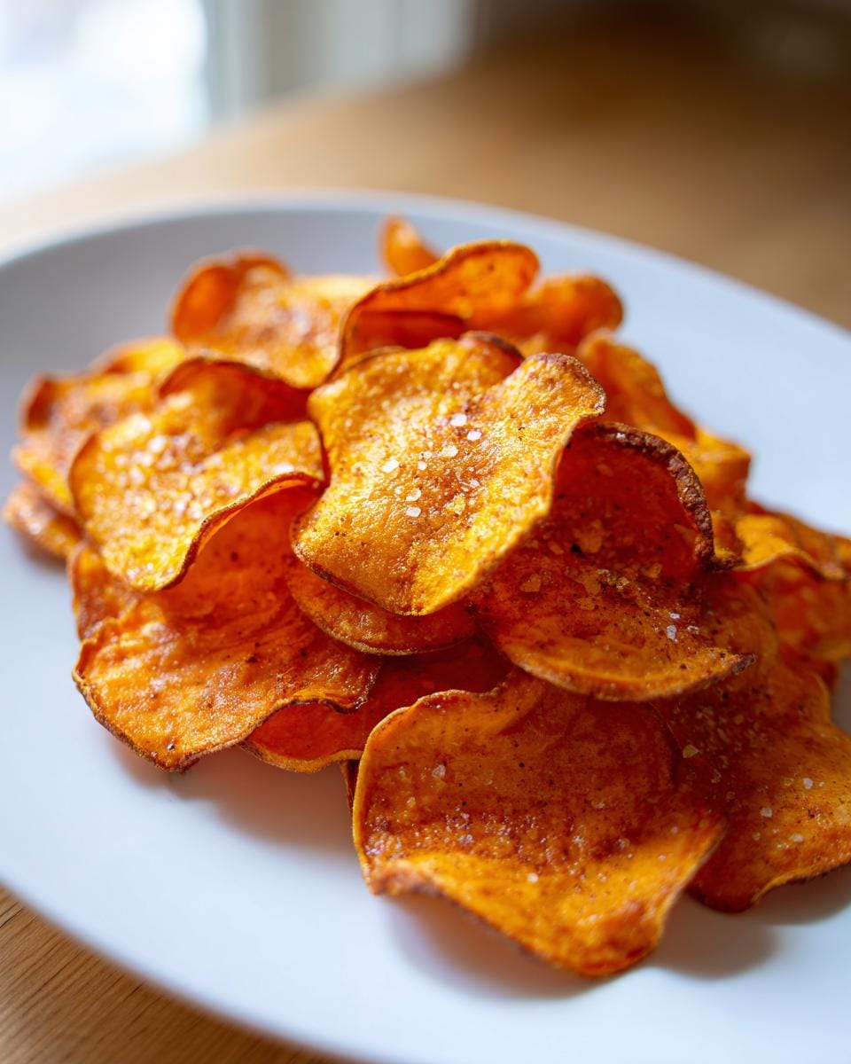 A pile of crispy Süßkartoffel-Chips gebacken (baked sweet potato chips) sprinkled with salt on a white plate.