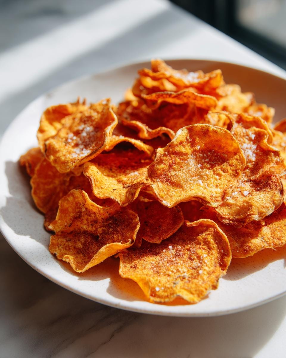 A plate piled high with homemade Süßkartoffel-Chips gebacken, sprinkled with salt. Ready to eat!